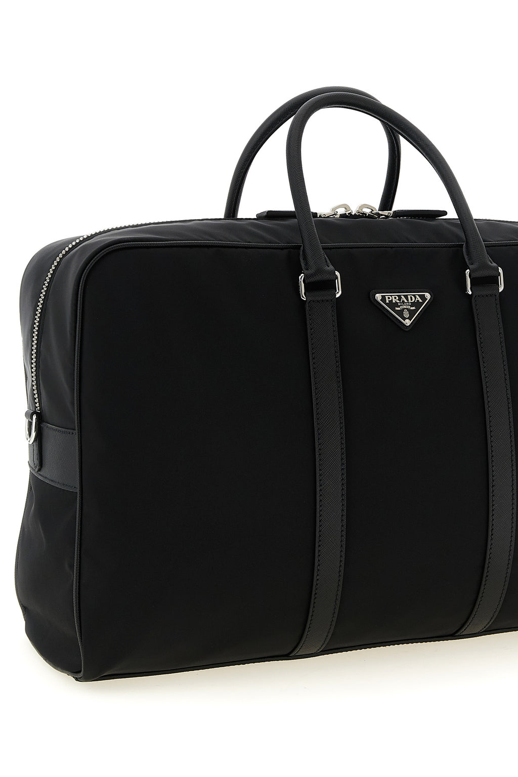 Detail of enameled triangle logo on Prada bag