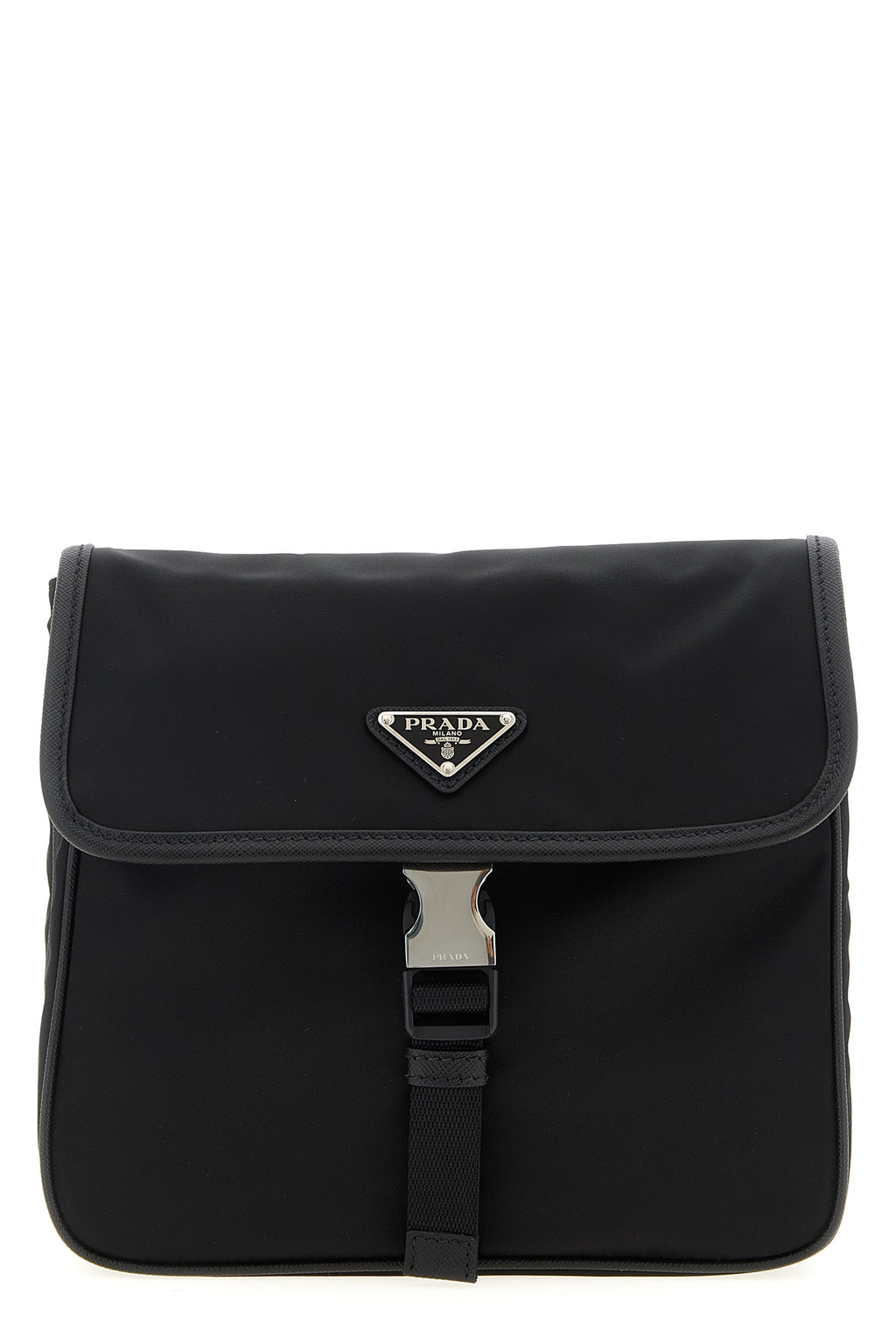 Prada Shoulder Bag - Front view in black Re-Nylon with triangle logo