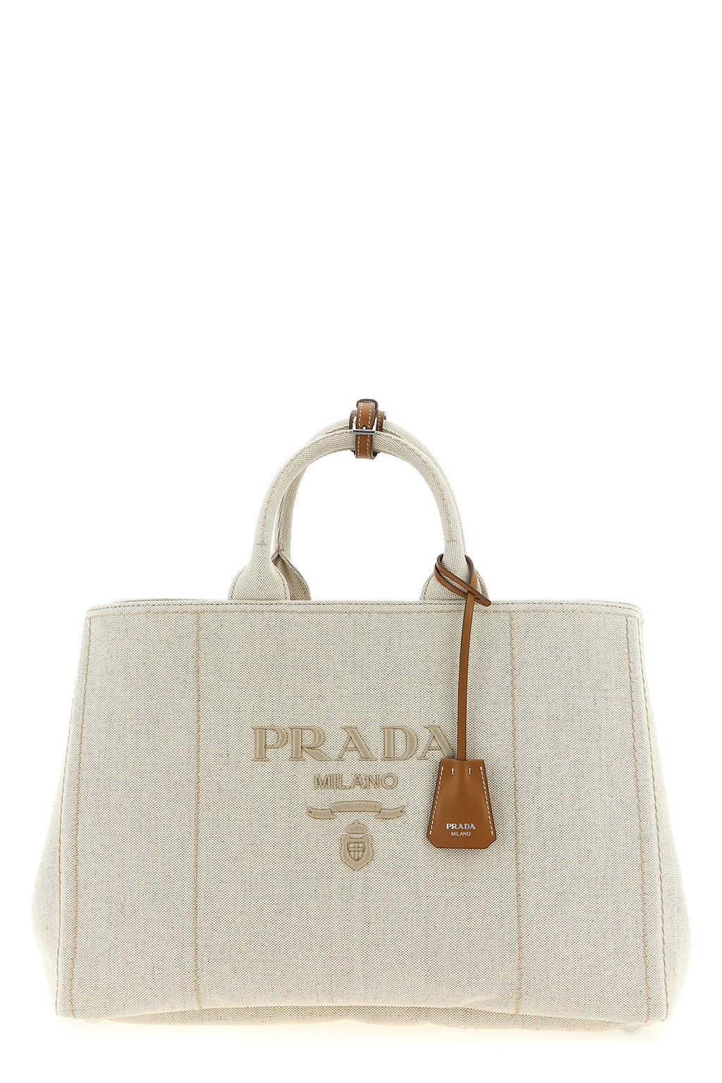 Bolso shopping Prada - Vista frontal en lona beige con logo bordado