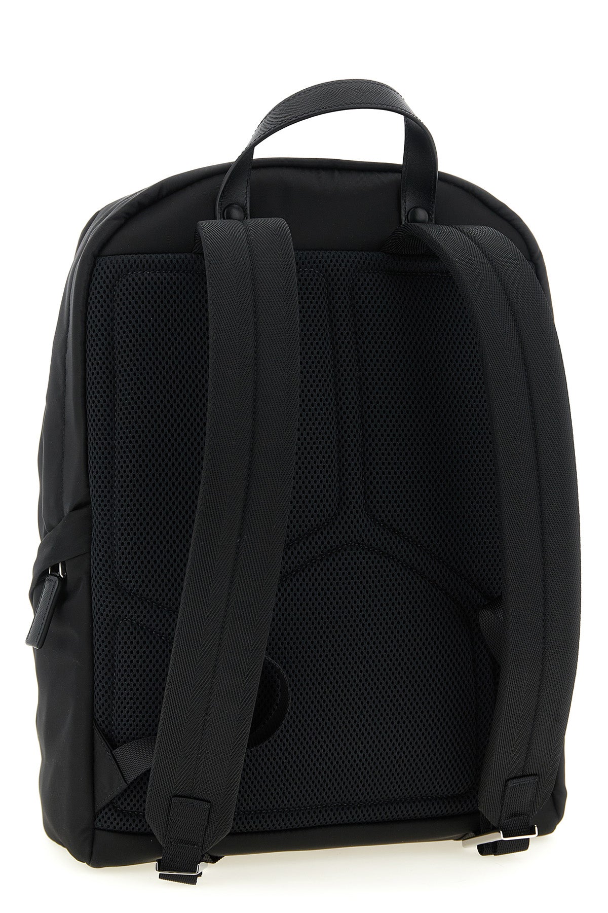 Prada Re-Nylon backpack in black, rear view with mesh back panel