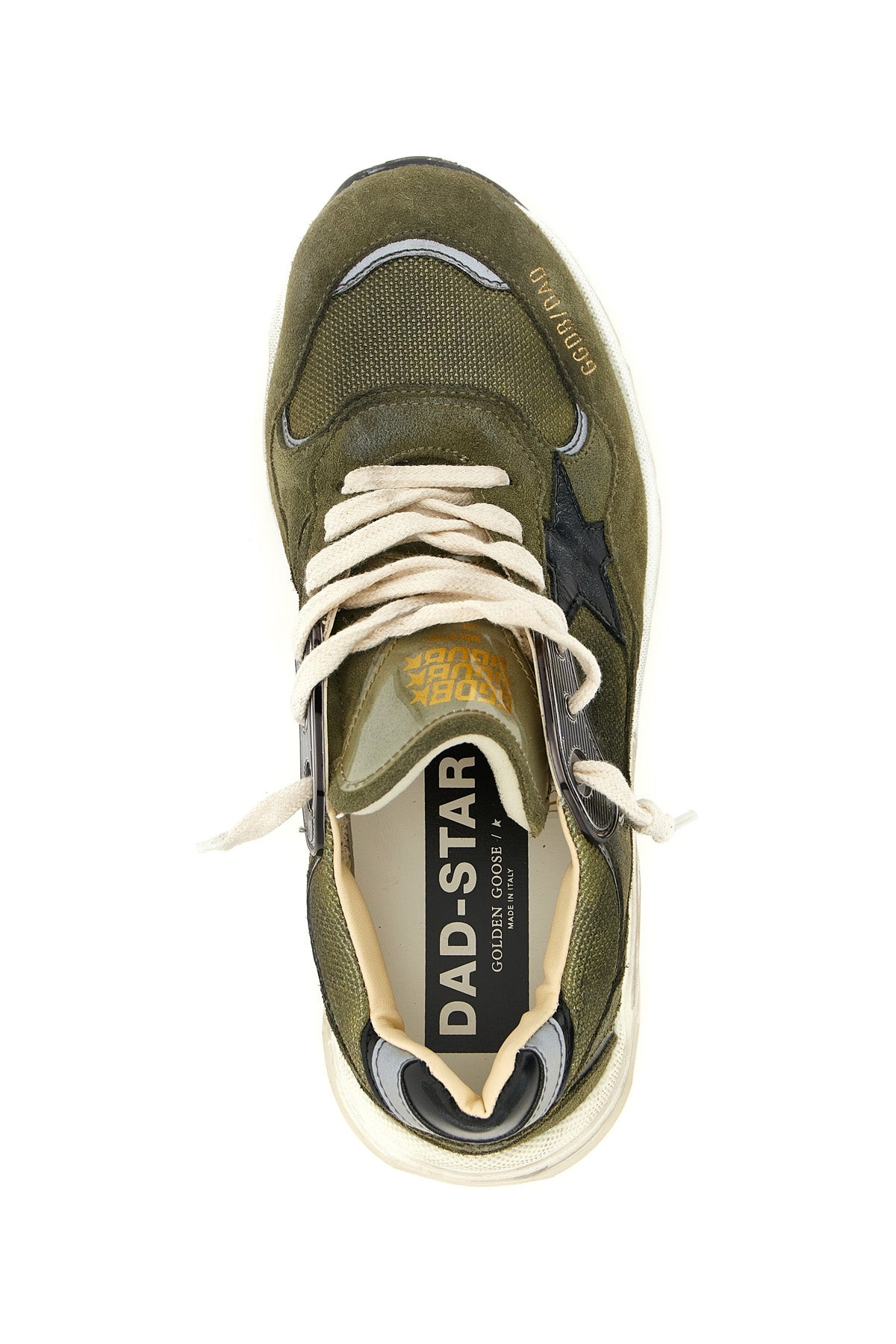 Golden Goose Running Dad sneakers, rear view with black leather heel tab and sculptural sole.