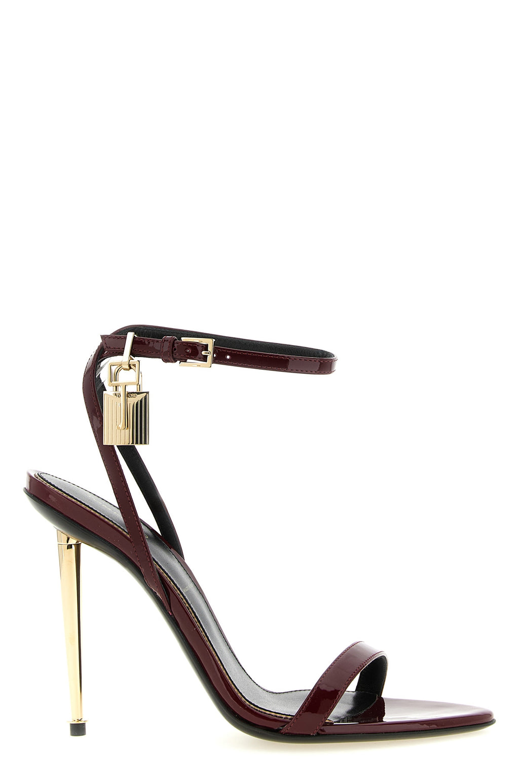 Sandales TOM FORD Padlock Pointy Naked en cuir verni bordeaux, vue latérale avec talon aiguille en métal doré